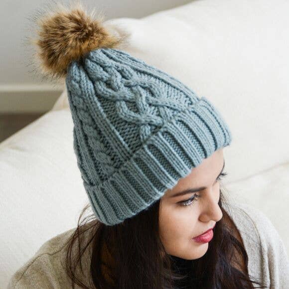 Cable Knit Beanie With Faux Fur Pom