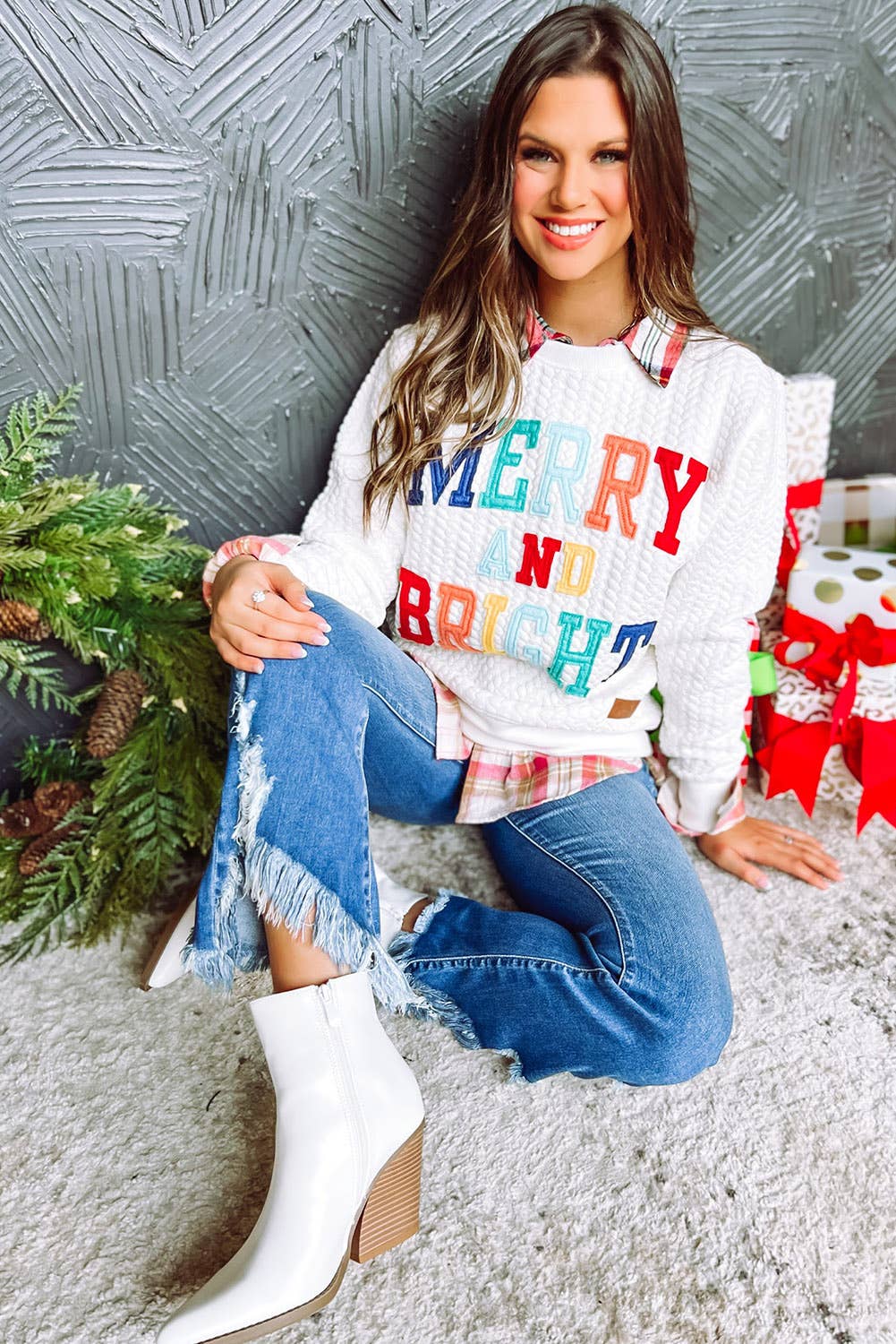 Merry and Bright Cable Knit Pullover Sweatshirt