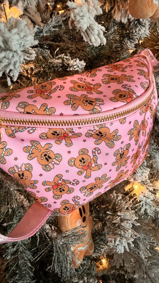 Pink bag with gingerbread pattern on a Christmas tree