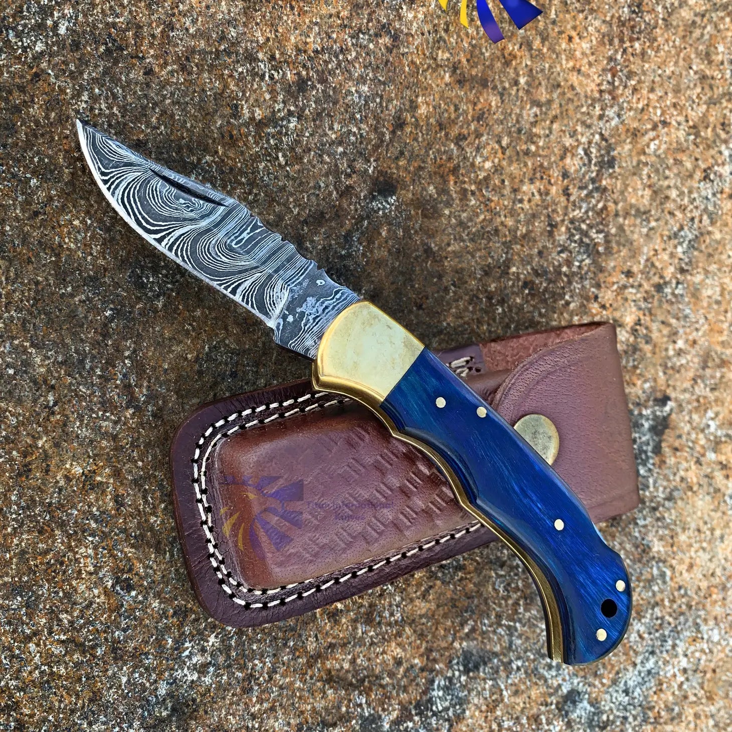 Blue Diamond Wood and Damascus Steel Folding Knife