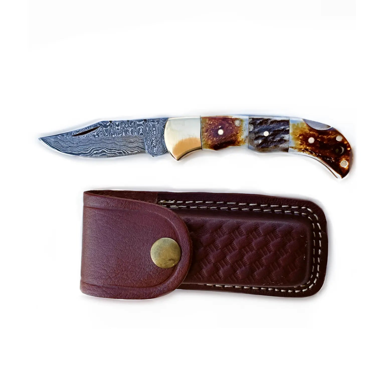 Burnt Bone and Stag Horn Damascus Steel Folding Knife