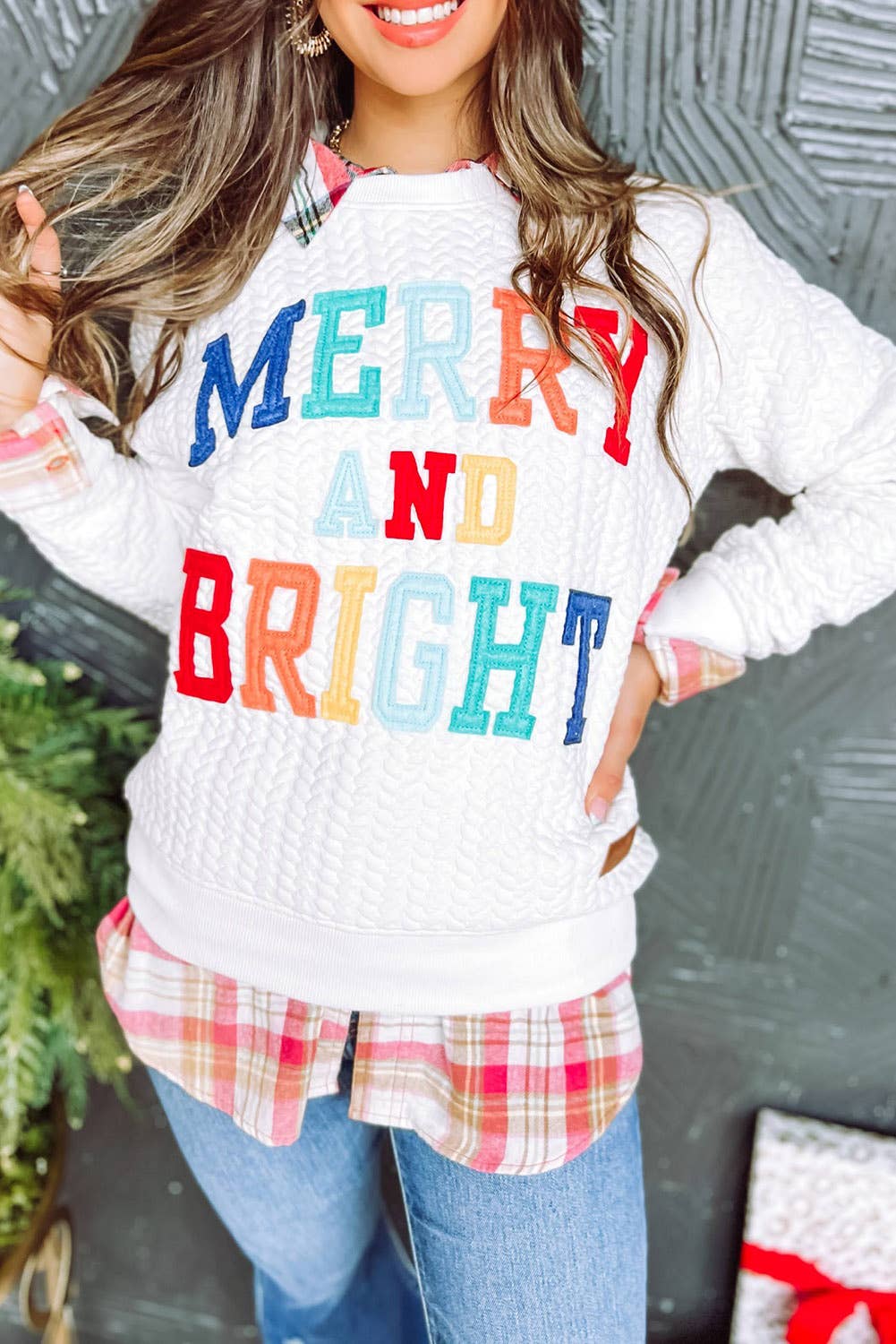 Merry and Bright Cable Knit Pullover Sweatshirt