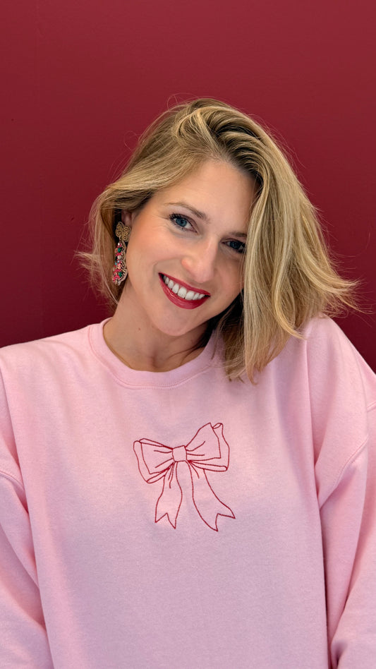 Blush Ribbon Bow Embroidered on Pink Sweatshirt