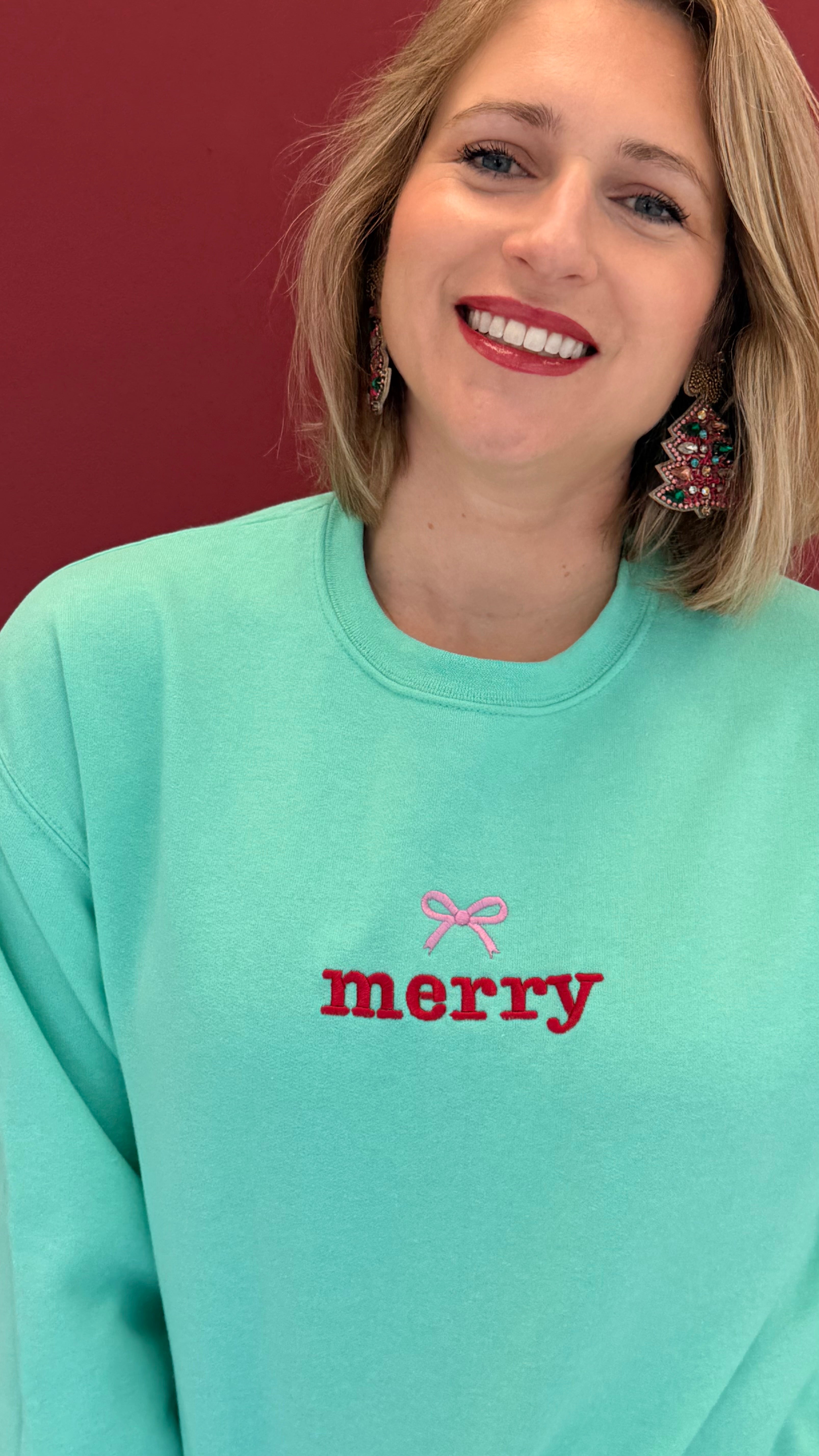 Mint “Merry” Embroidered Sweatshirt