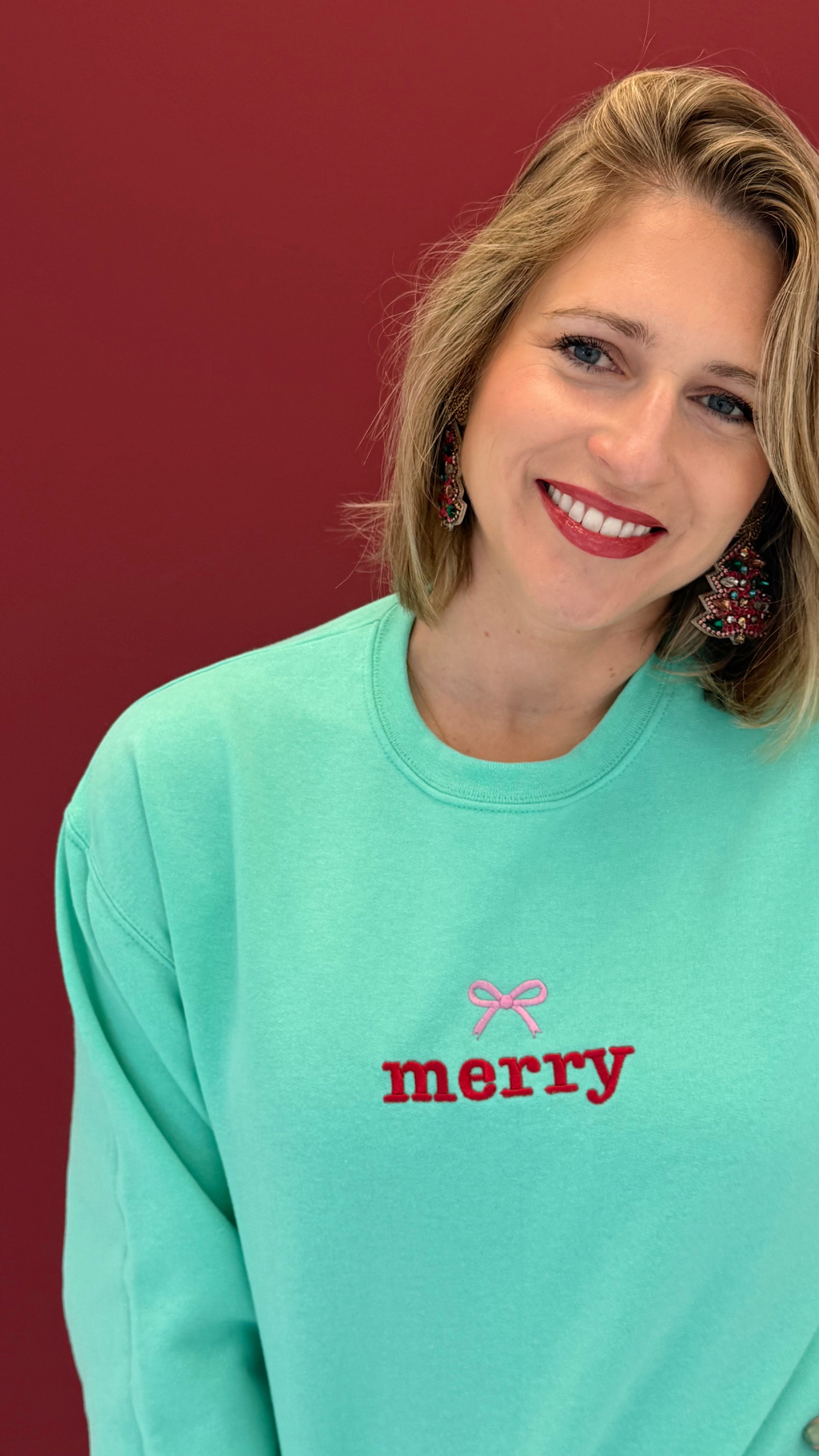 Mint “Merry” Embroidered Sweatshirt