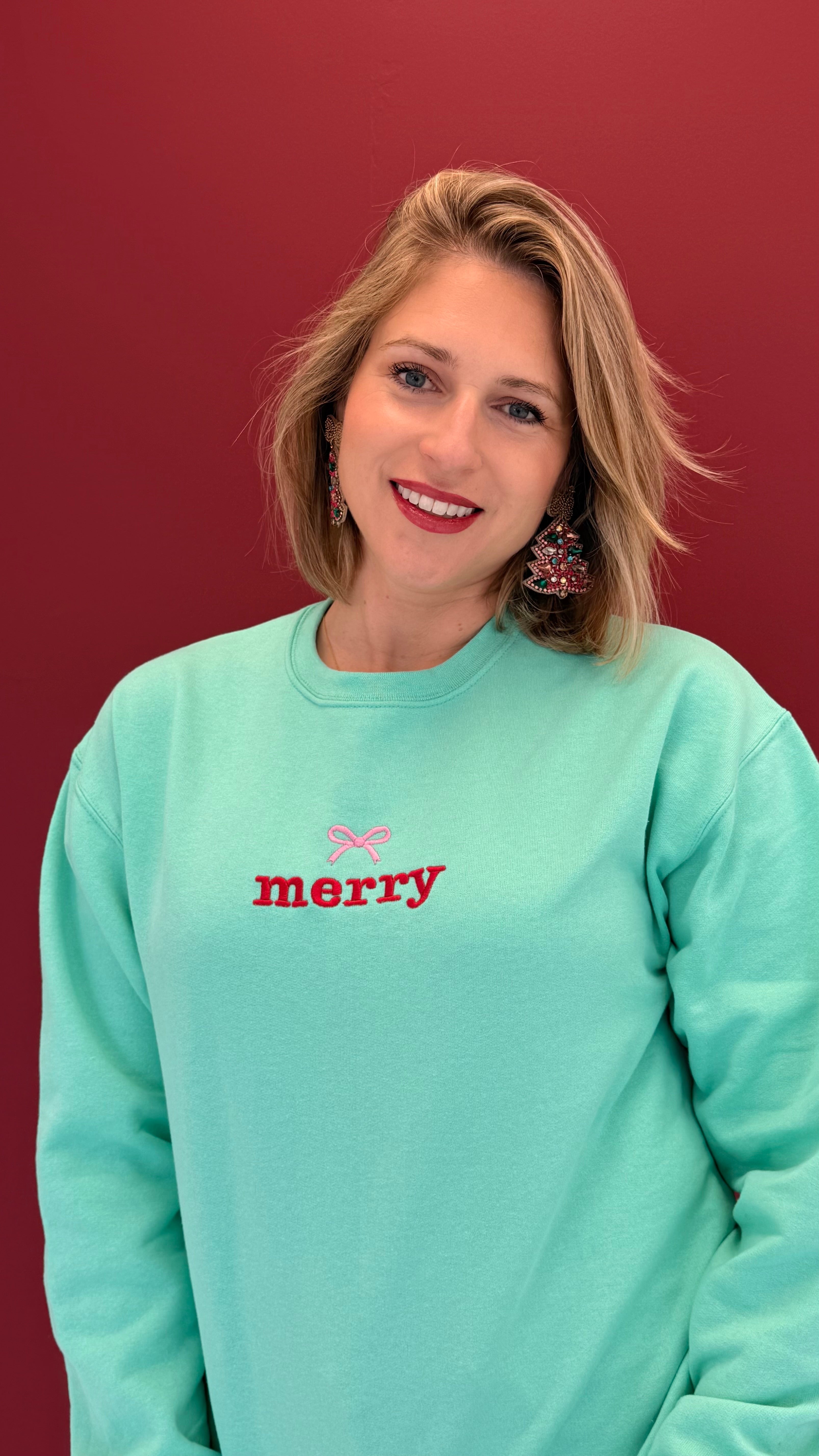 Mint “Merry” Embroidered Sweatshirt
