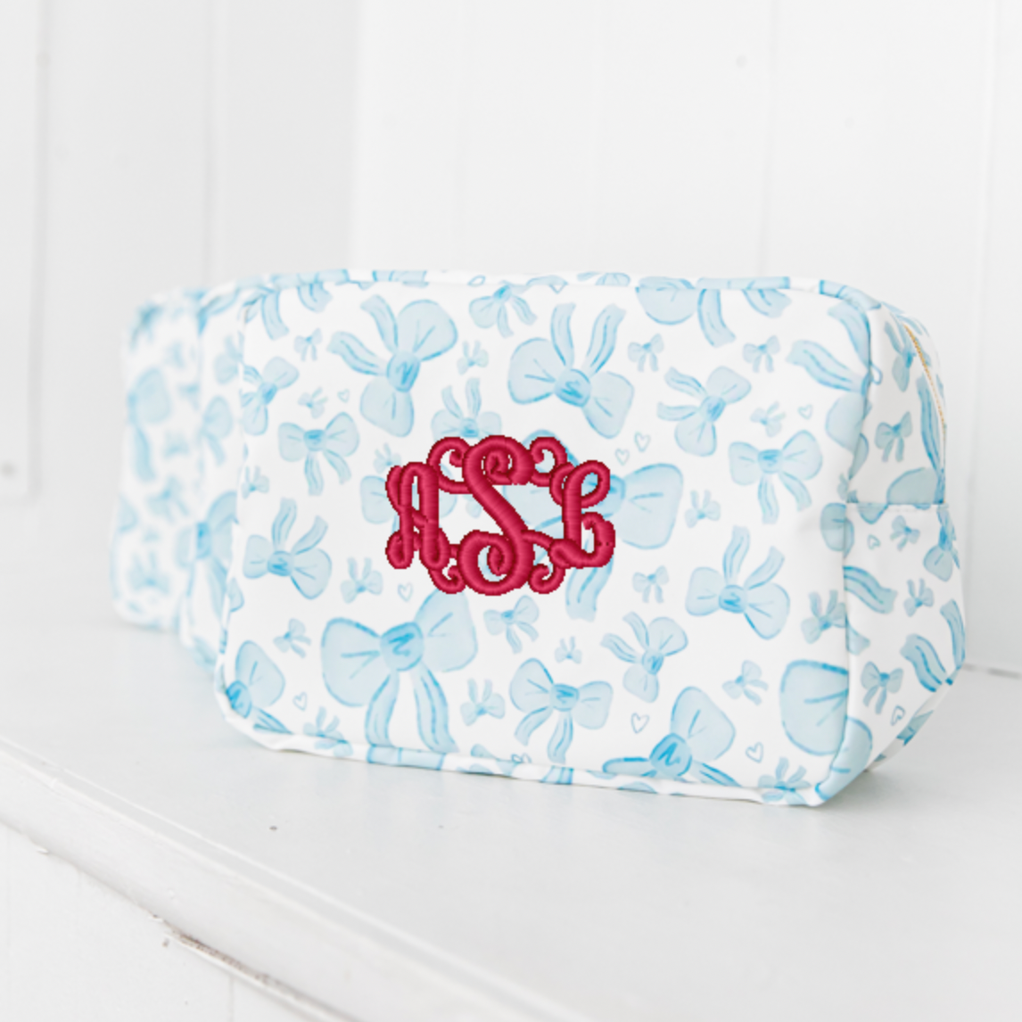 XL Blue Bows Nylon Pouch – Personalized Monogram
