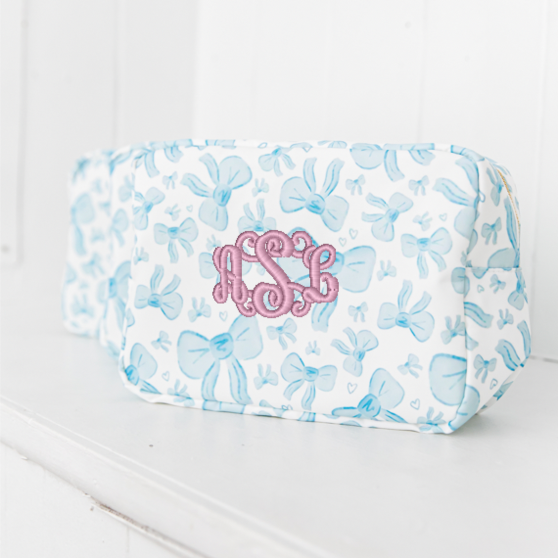 XL Blue Bows Nylon Pouch – Personalized Monogram
