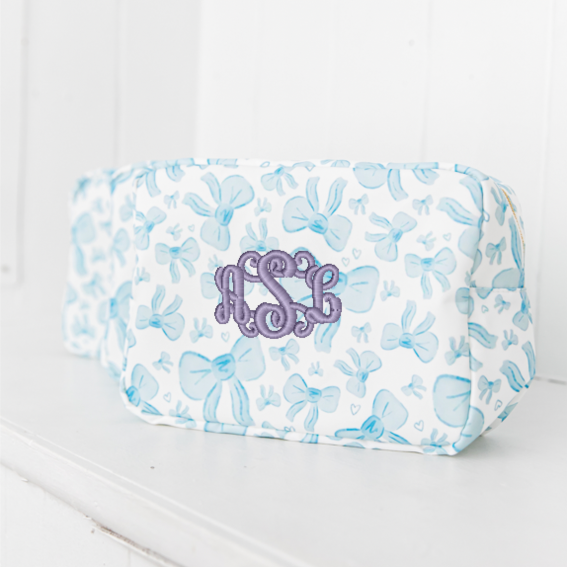 XL Blue Bows Nylon Pouch – Personalized Monogram