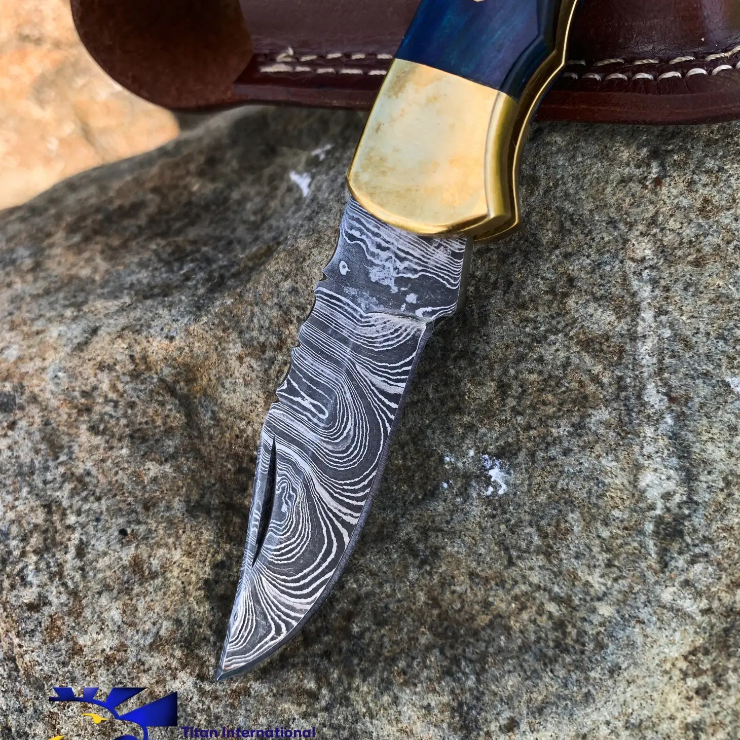 Blue Diamond Wood and Damascus Steel Folding Knife
