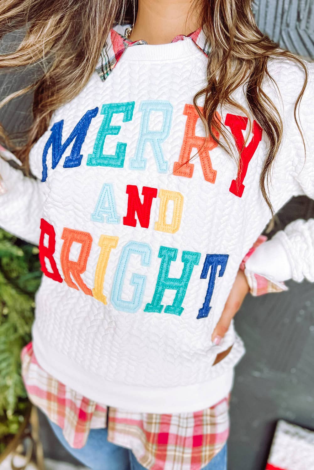 Merry and Bright Cable Knit Pullover Sweatshirt